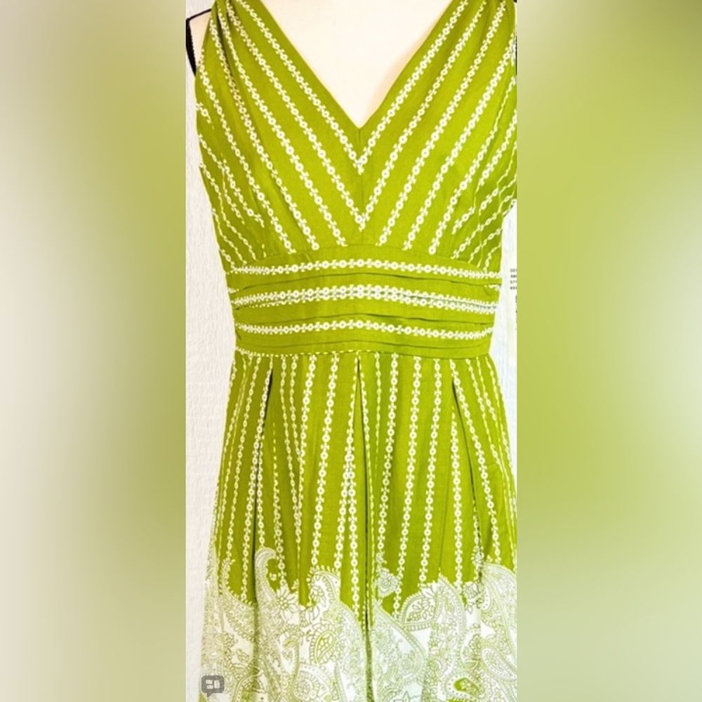NEW Robbie Bee Green and White Patterned Sleeveless Midi Dress Sash Waist Sz 10